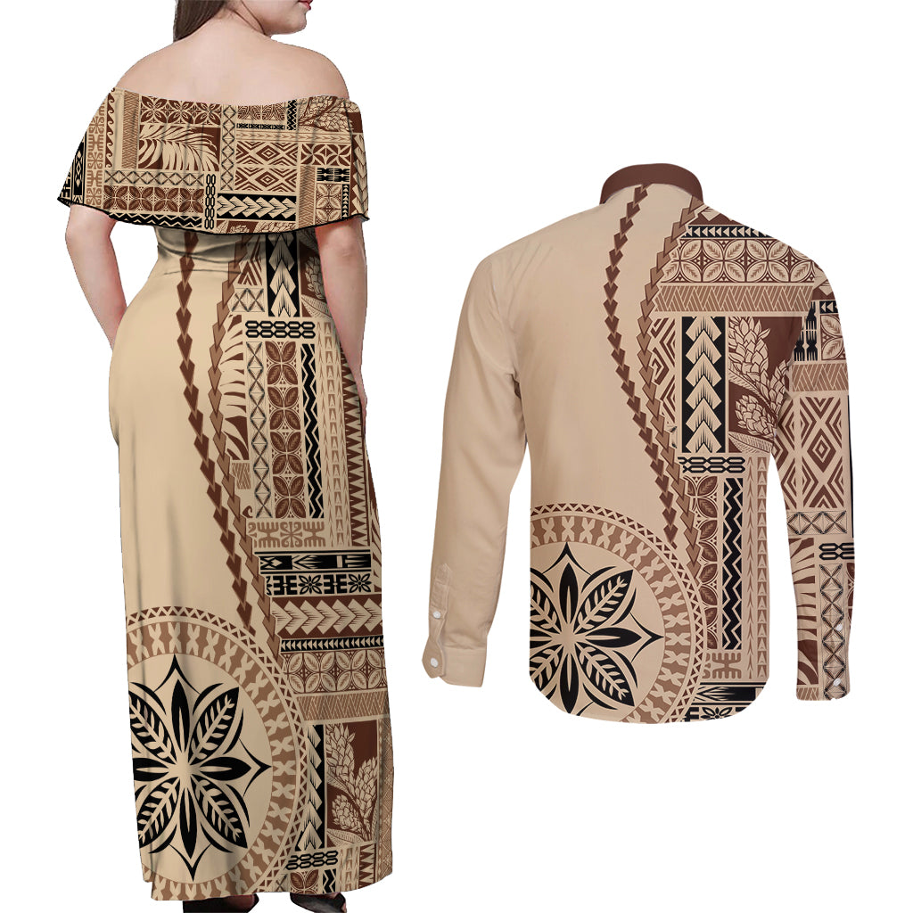 Samoa Siapo Motif Couples Matching Off Shoulder Maxi Dress and Long Sleeve Button Shirt Classic Style LT7 - Wonder Print Shop