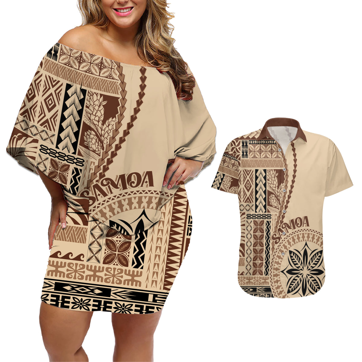 Samoa Siapo Motif Couples Matching Off Shoulder Short Dress and Hawaiian Shirt Classic Style LT7 - Wonder Print Shop