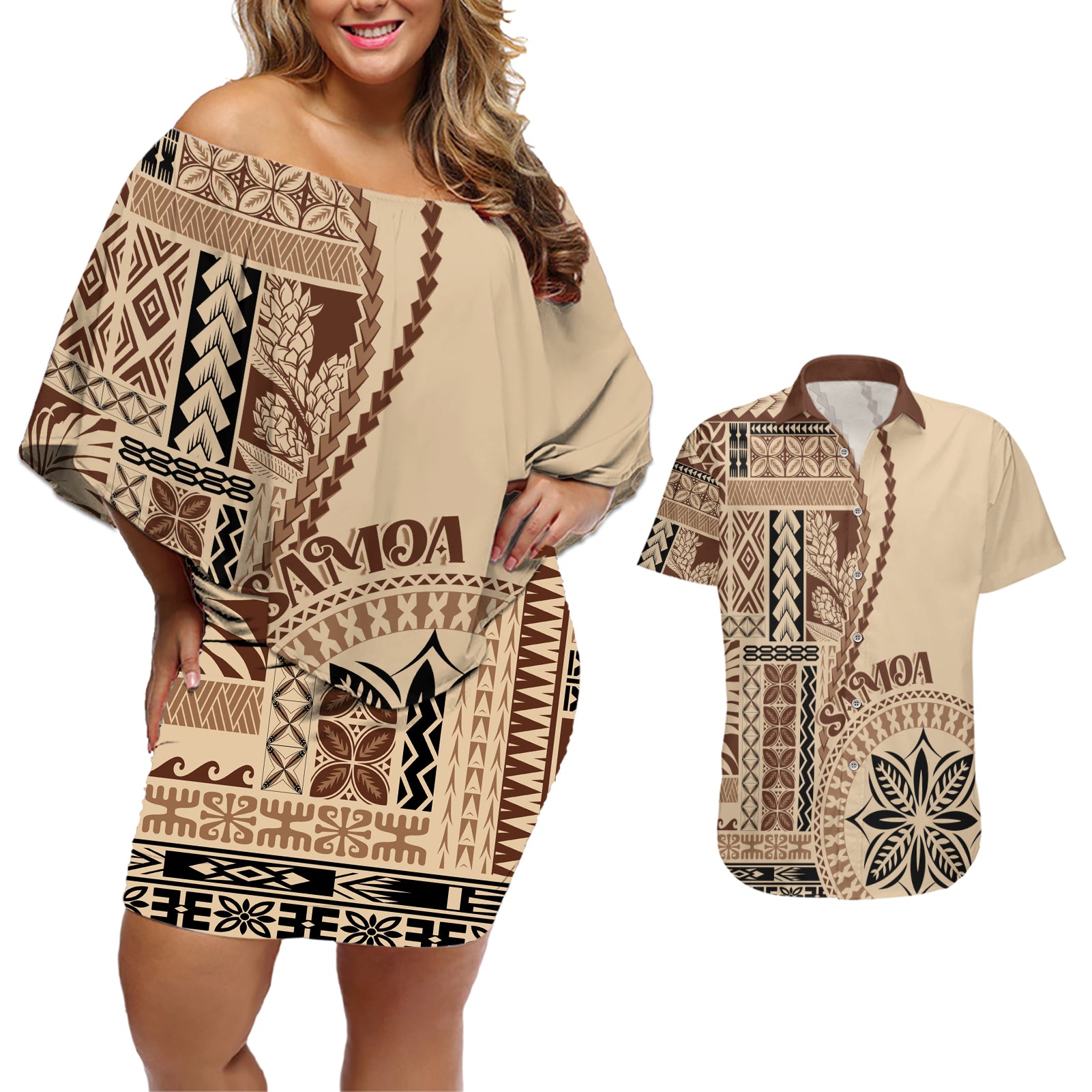 Samoa Siapo Motif Couples Matching Off Shoulder Short Dress and Hawaiian Shirt Classic Style LT7 - Wonder Print Shop