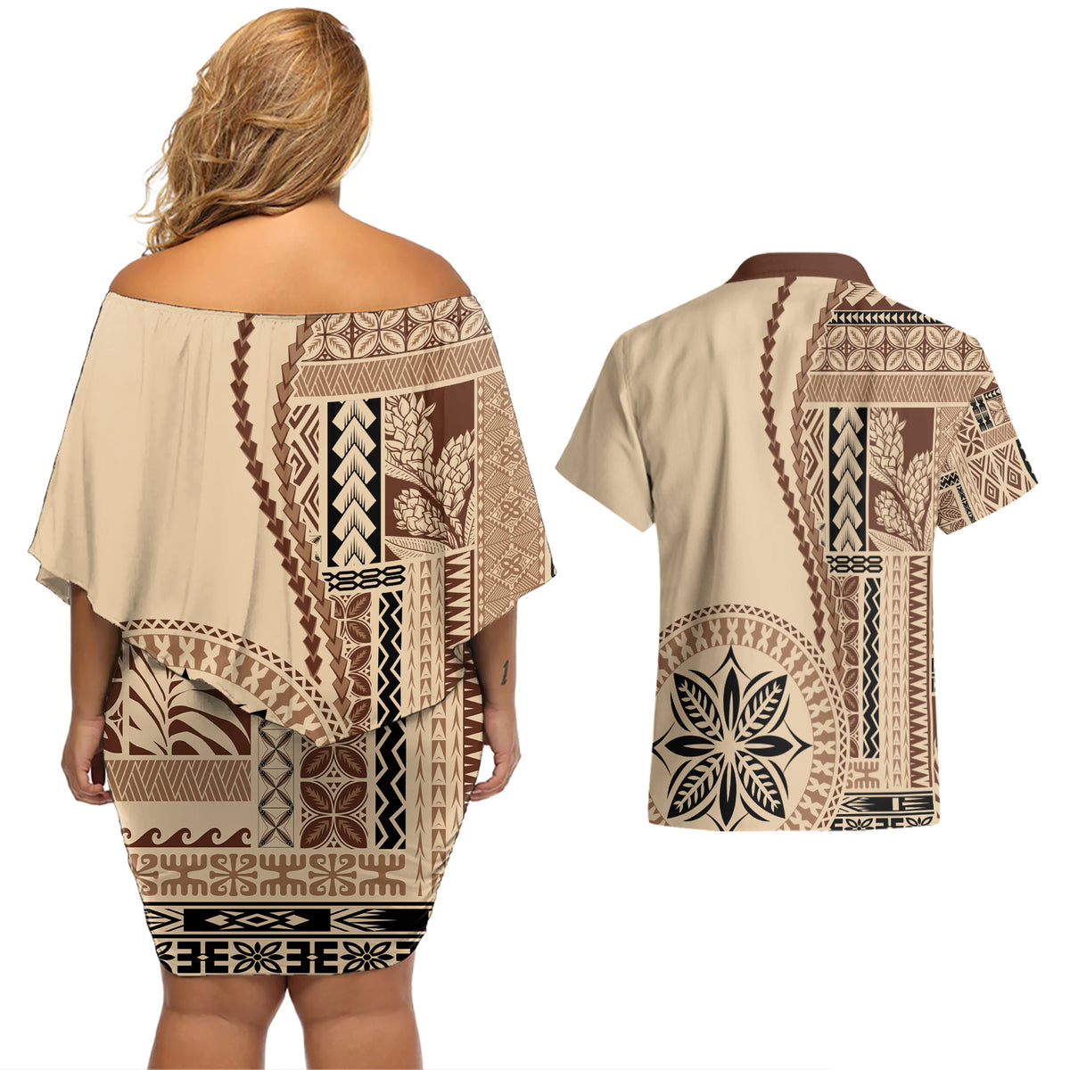 Samoa Siapo Motif Couples Matching Off Shoulder Short Dress and Hawaiian Shirt Classic Style LT7 - Wonder Print Shop