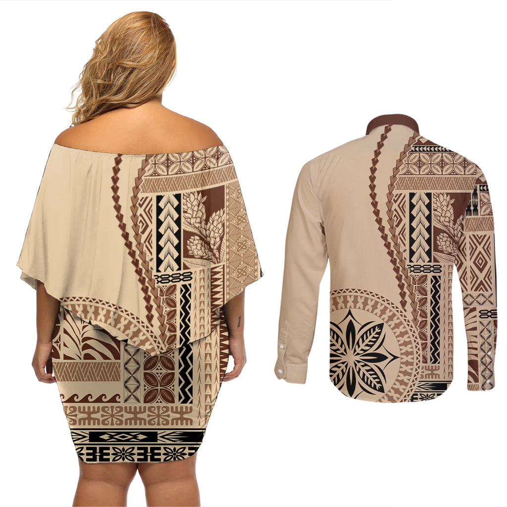 Samoa Siapo Motif Couples Matching Off Shoulder Short Dress and Long Sleeve Button Shirt Classic Style LT7 - Wonder Print Shop