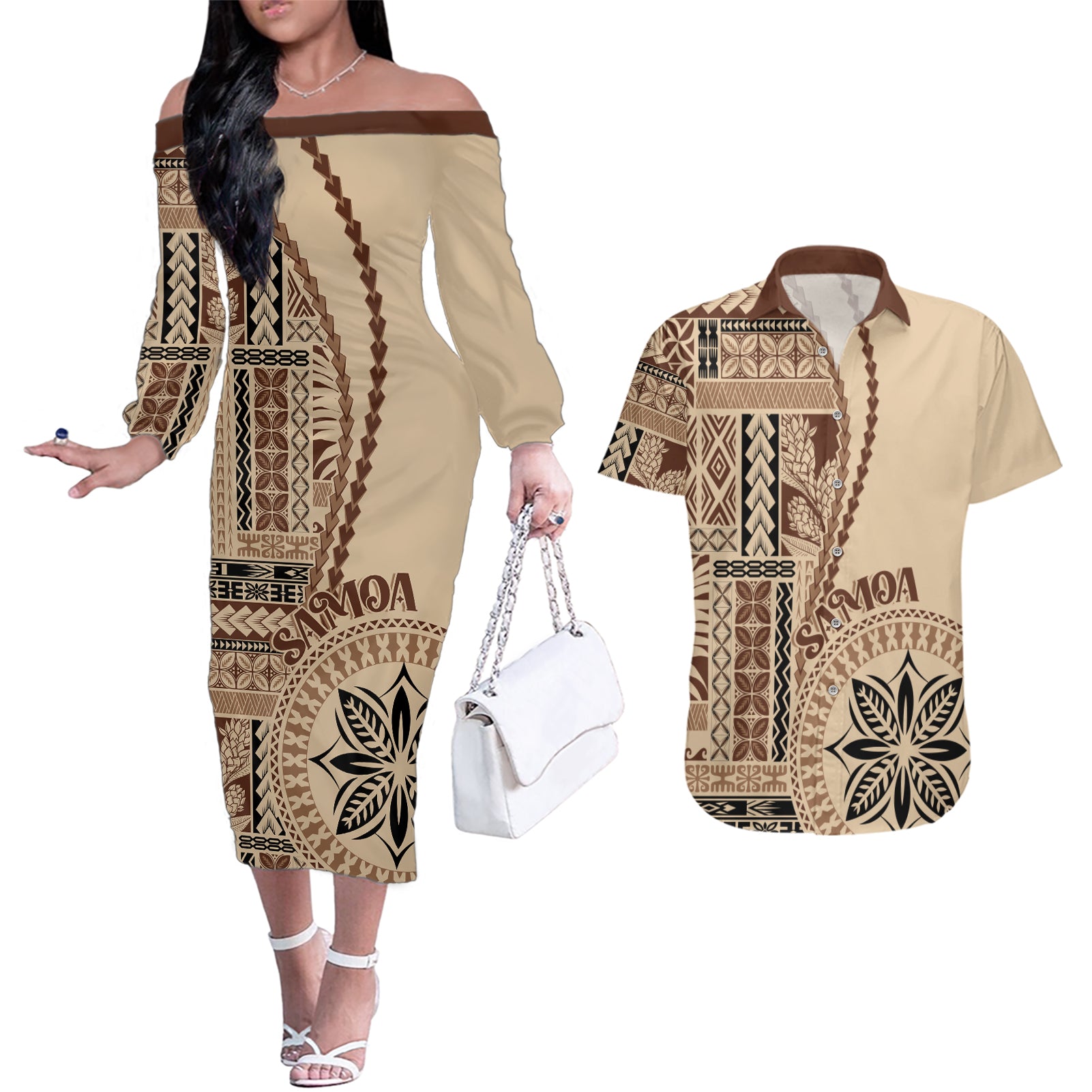 Samoa Siapo Motif Couples Matching Off The Shoulder Long Sleeve Dress and Hawaiian Shirt Classic Style LT7 - Wonder Print Shop