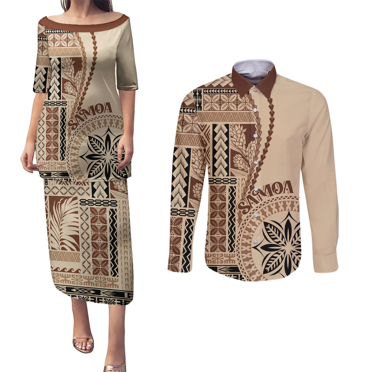 Samoa Siapo Motif Couples Matching Puletasi Dress and Long Sleeve Button Shirt Classic Style LT7 - Wonder Print Shop