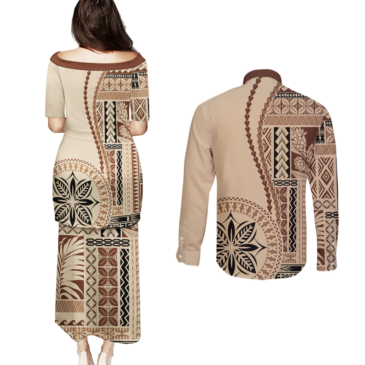 Samoa Siapo Motif Couples Matching Puletasi Dress and Long Sleeve Button Shirt Classic Style LT7 - Wonder Print Shop
