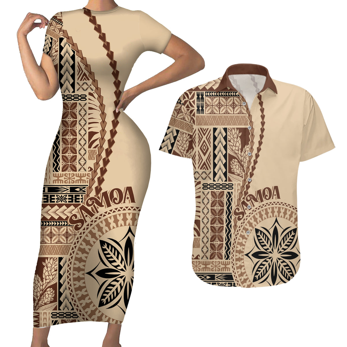 Samoa Siapo Motif Couples Matching Short Sleeve Bodycon Dress and Hawaiian Shirt Classic Style LT7 - Wonder Print Shop