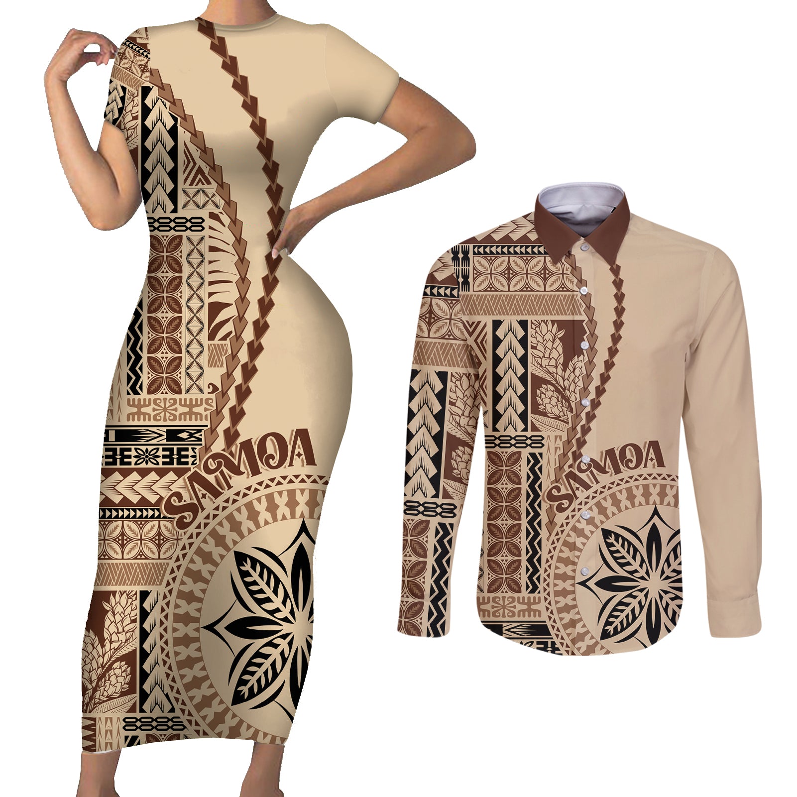 Samoa Siapo Motif Couples Matching Short Sleeve Bodycon Dress and Long Sleeve Button Shirt Classic Style LT7 - Wonder Print Shop