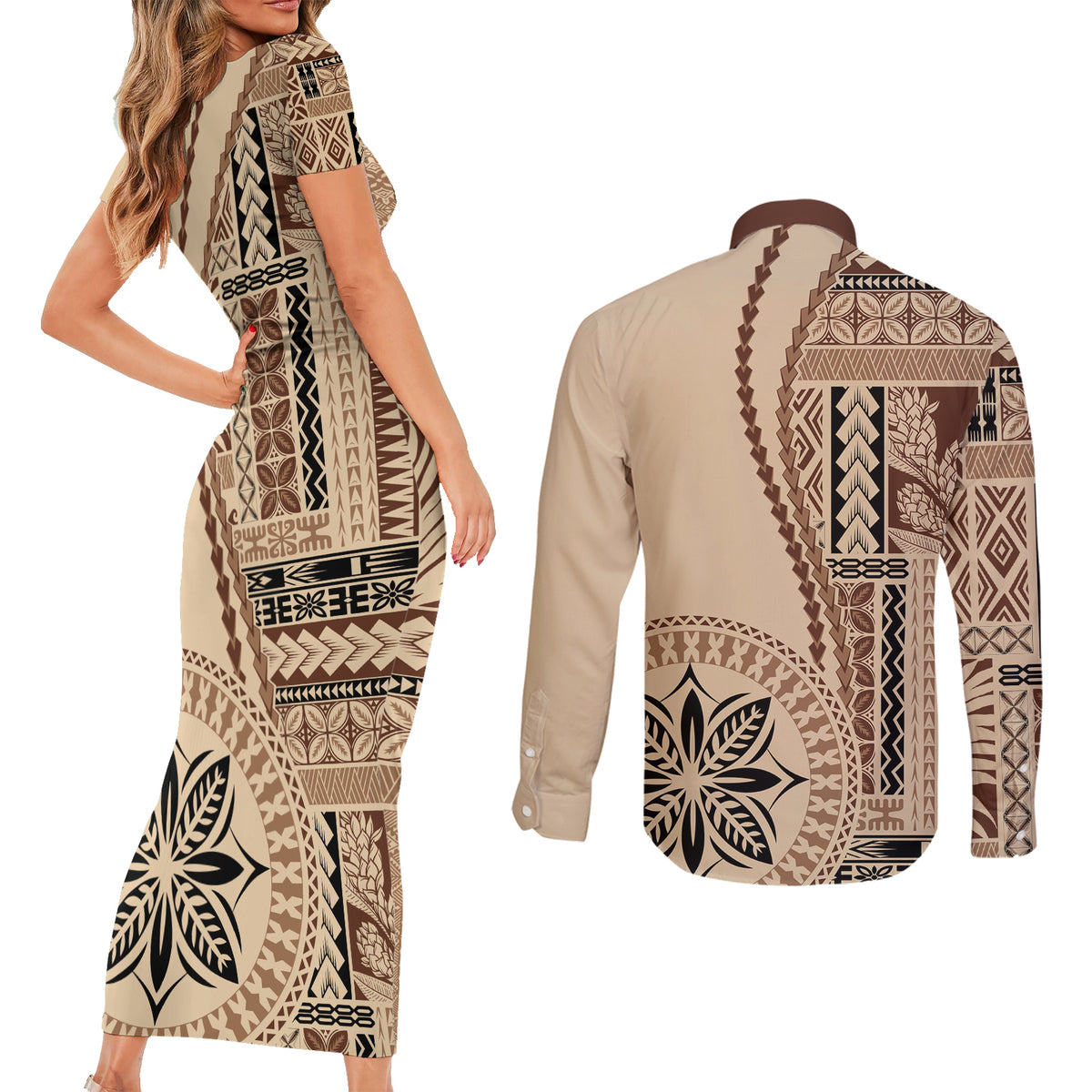 Samoa Siapo Motif Couples Matching Short Sleeve Bodycon Dress and Long Sleeve Button Shirt Classic Style LT7 - Wonder Print Shop
