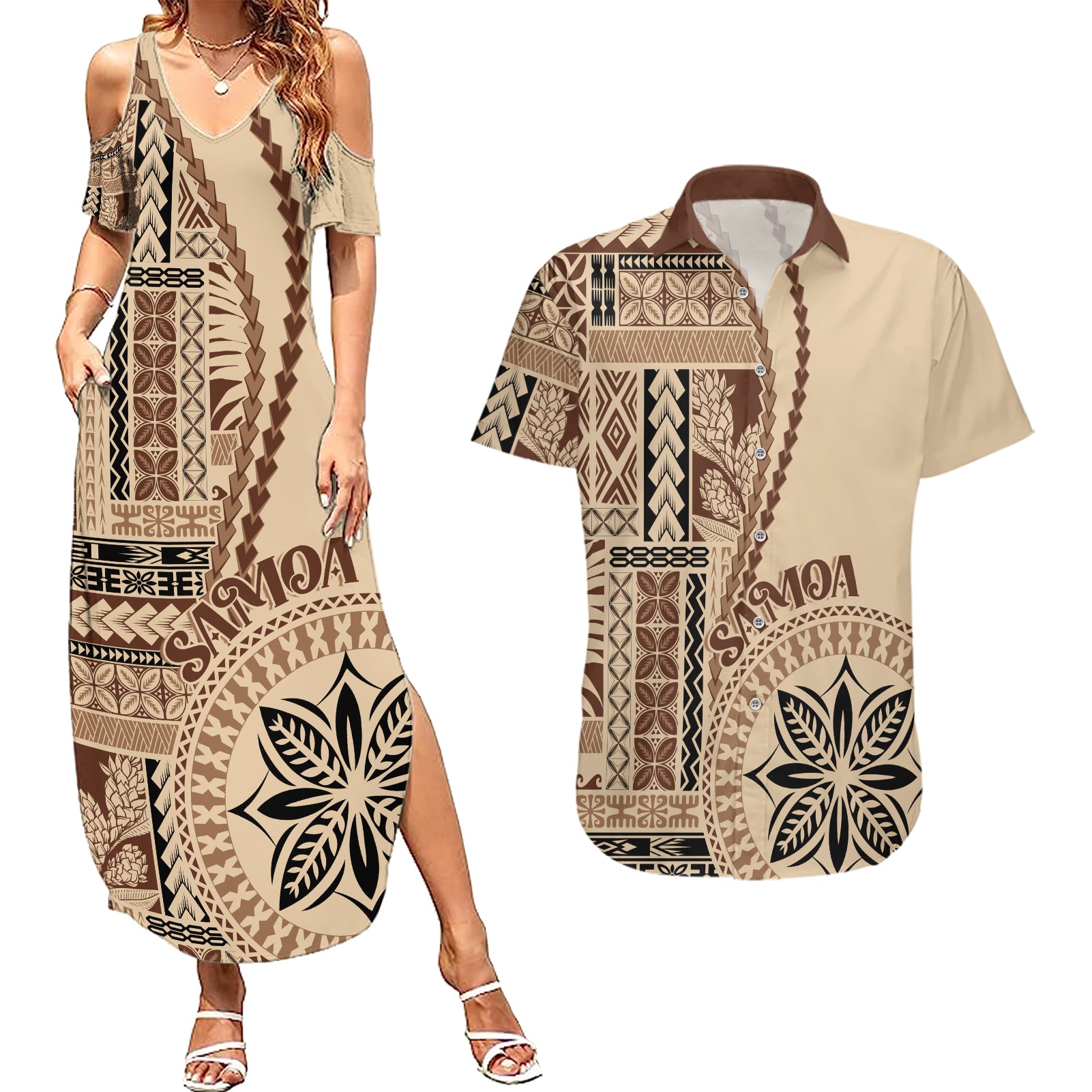 Samoa Siapo Motif Couples Matching Summer Maxi Dress and Hawaiian Shirt Classic Style LT7 - Wonder Print Shop