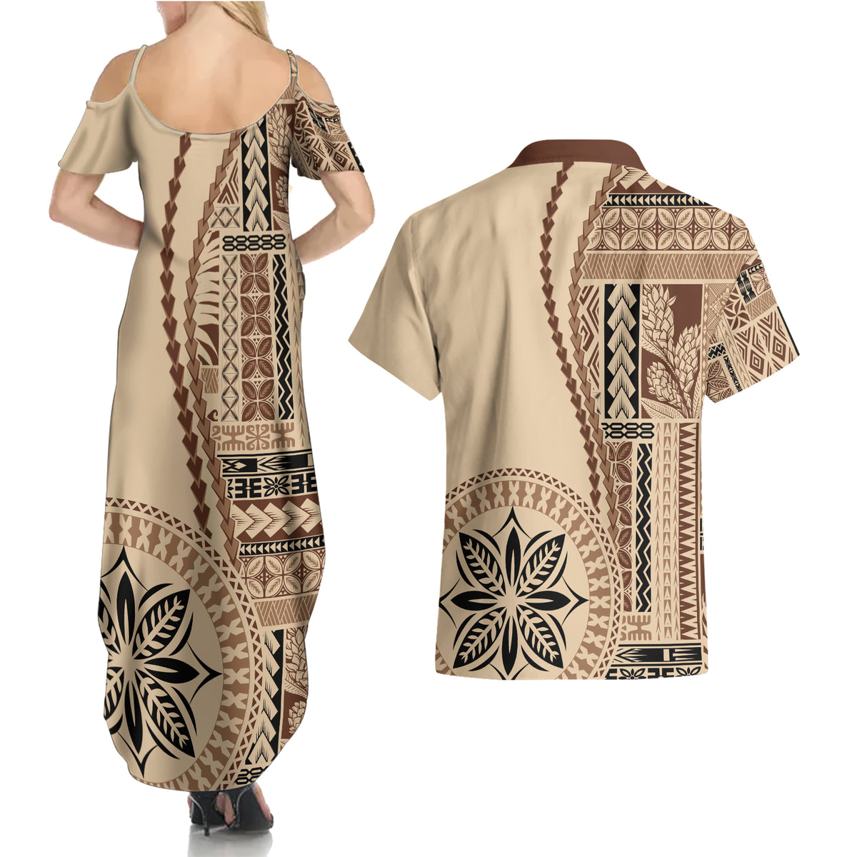 Samoa Siapo Motif Couples Matching Summer Maxi Dress and Hawaiian Shirt Classic Style LT7 - Wonder Print Shop
