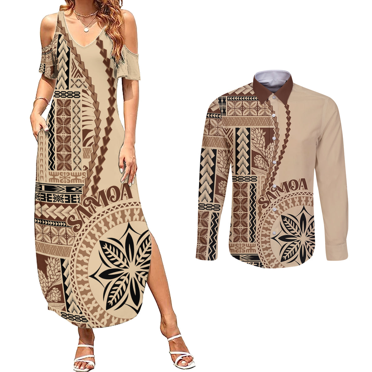 Samoa Siapo Motif Couples Matching Summer Maxi Dress and Long Sleeve Button Shirt Classic Style LT7 - Wonder Print Shop