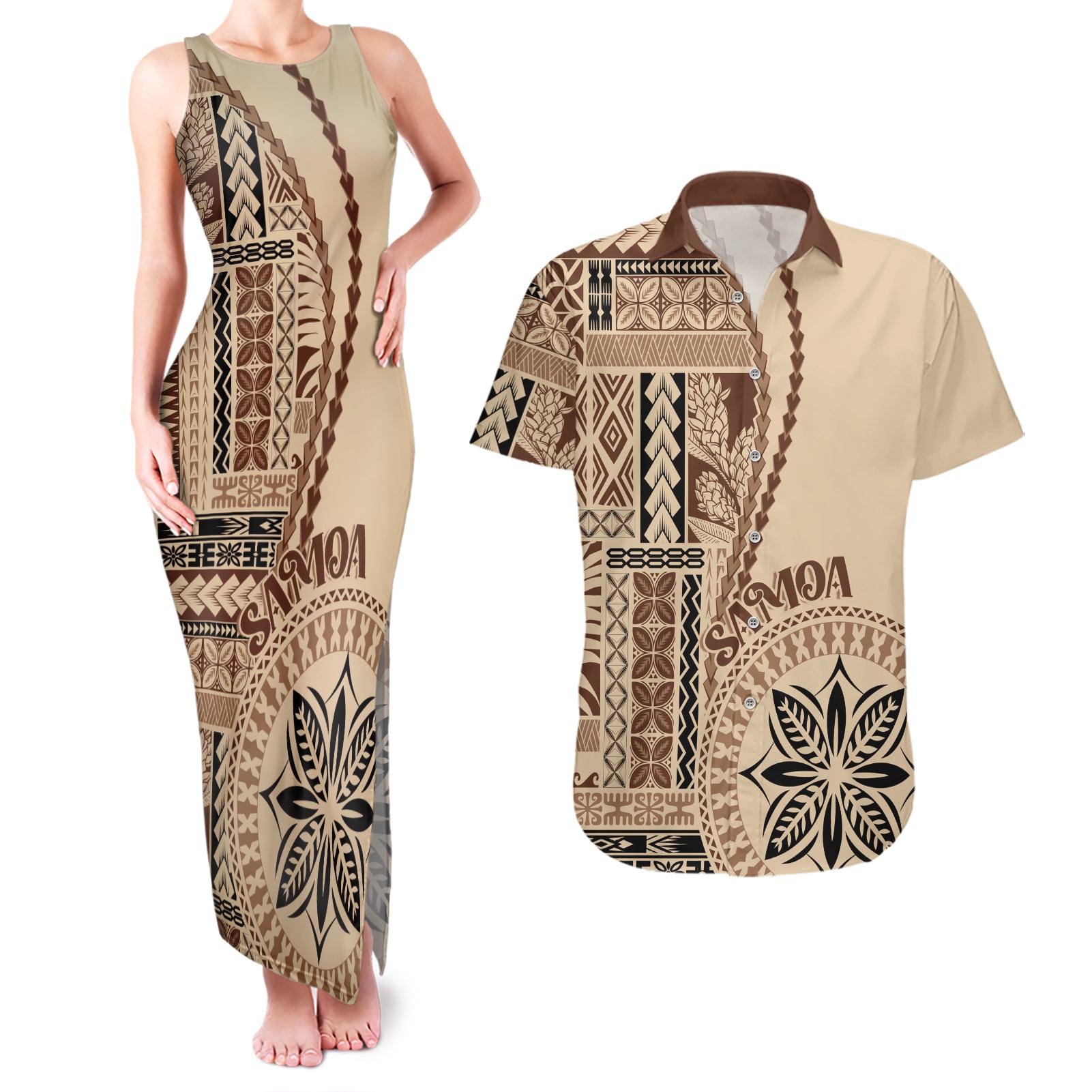 Samoa Siapo Motif Couples Matching Tank Maxi Dress and Hawaiian Shirt Classic Style LT7 - Wonder Print Shop