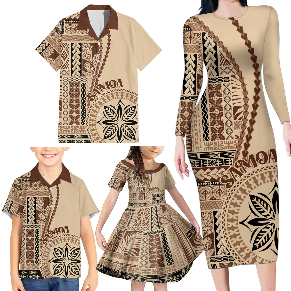 Samoa Siapo Motif Family Matching Long Sleeve Bodycon Dress and Hawaiian Shirt Classic Style LT7 - Wonder Print Shop