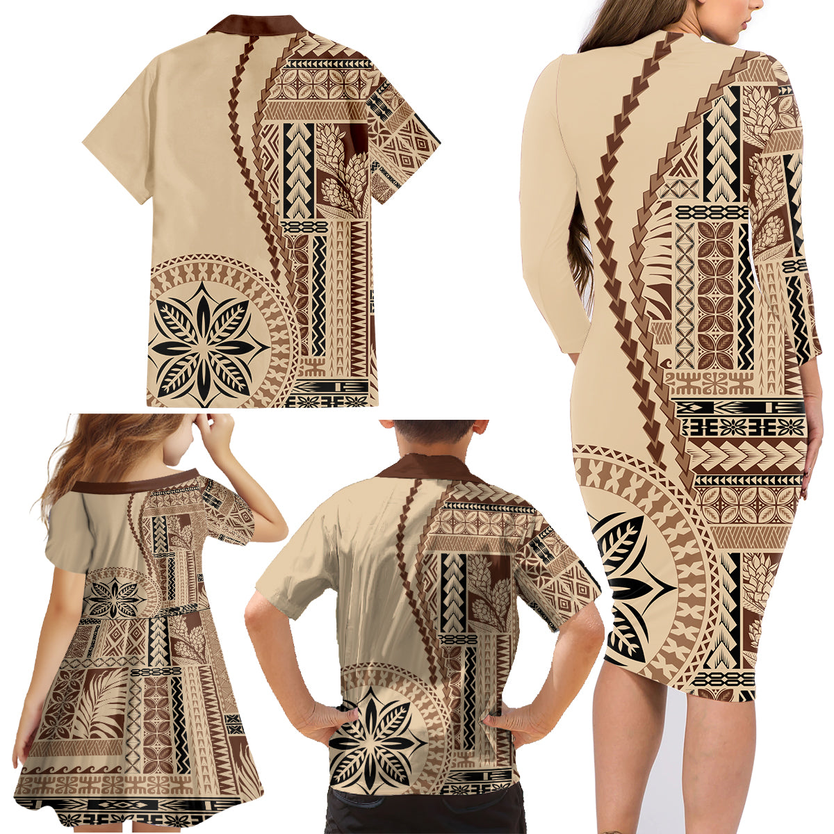 Samoa Siapo Motif Family Matching Long Sleeve Bodycon Dress and Hawaiian Shirt Classic Style LT7 - Wonder Print Shop