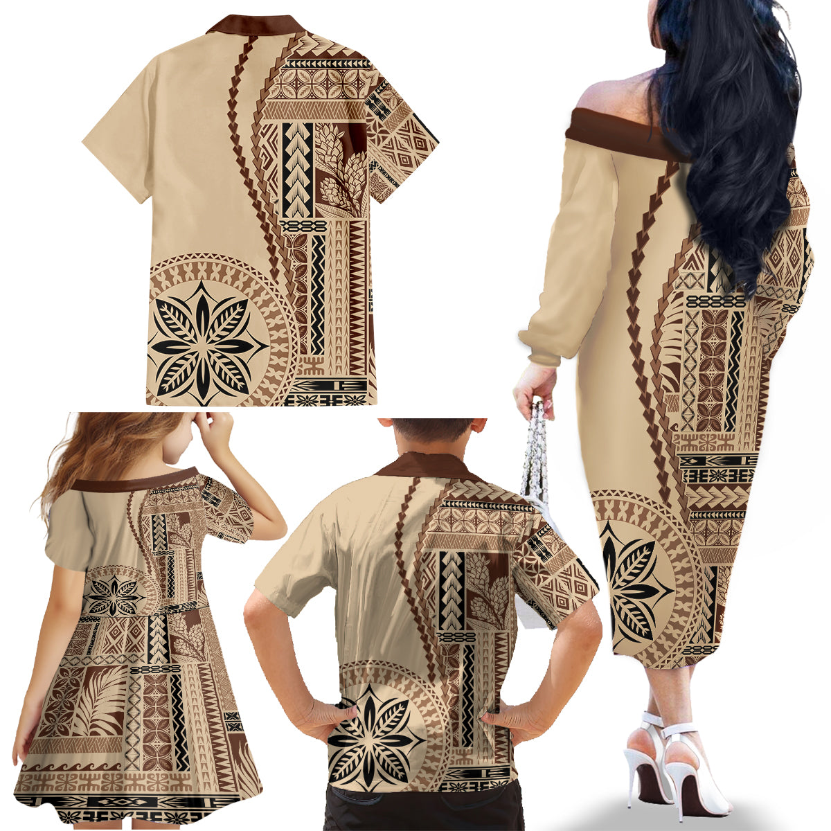 Samoa Siapo Motif Family Matching Off Shoulder Long Sleeve Dress and Hawaiian Shirt Classic Style - Wonder Print Shop