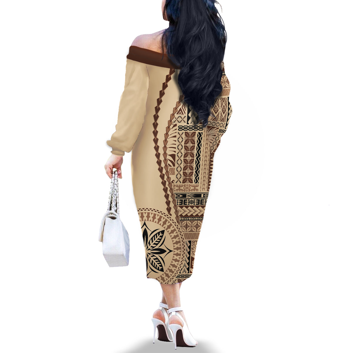 Samoa Siapo Motif Family Matching Off Shoulder Long Sleeve Dress and Hawaiian Shirt Classic Style - Wonder Print Shop