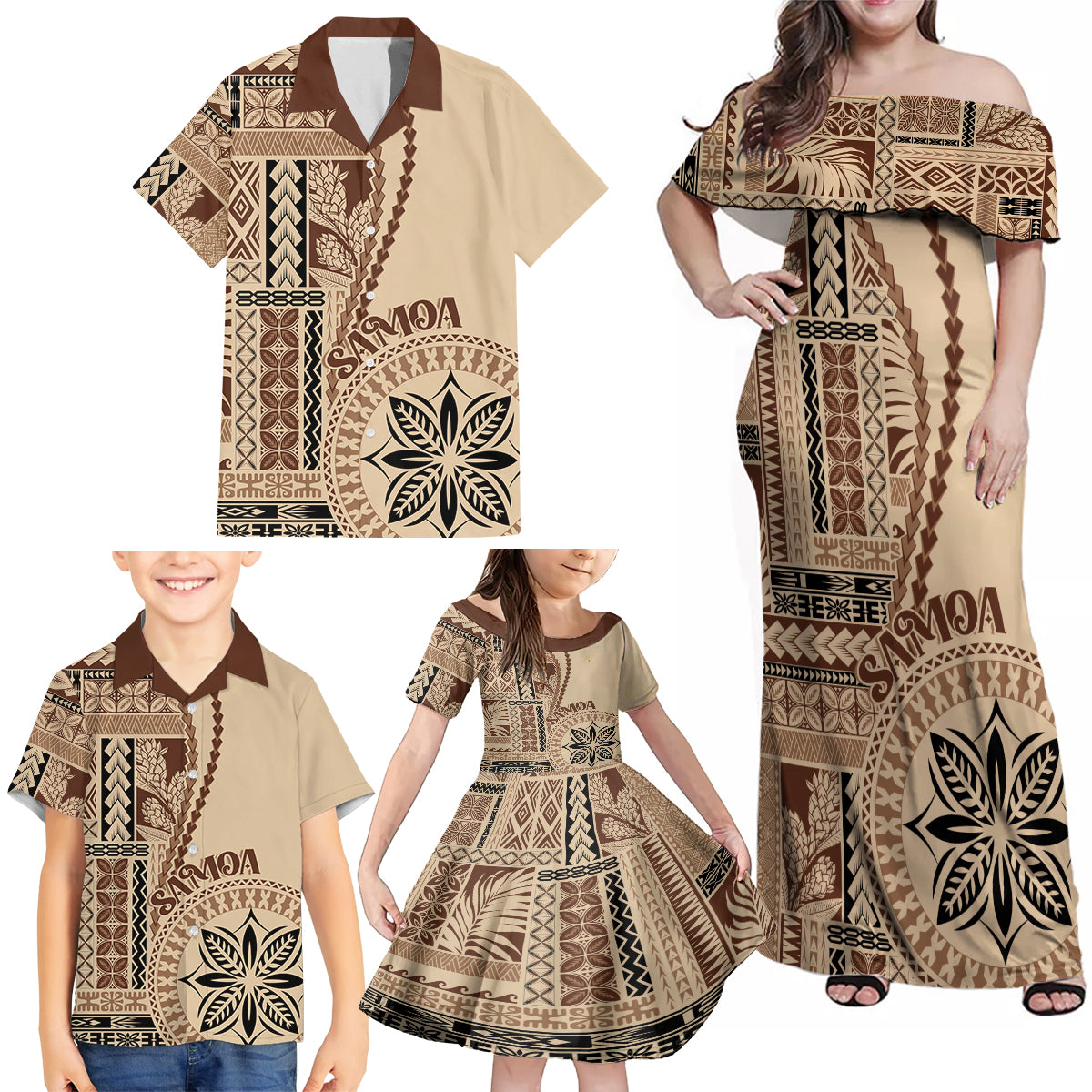 Samoa Siapo Motif Family Matching Off Shoulder Maxi Dress and Hawaiian Shirt Classic Style LT7 - Wonder Print Shop