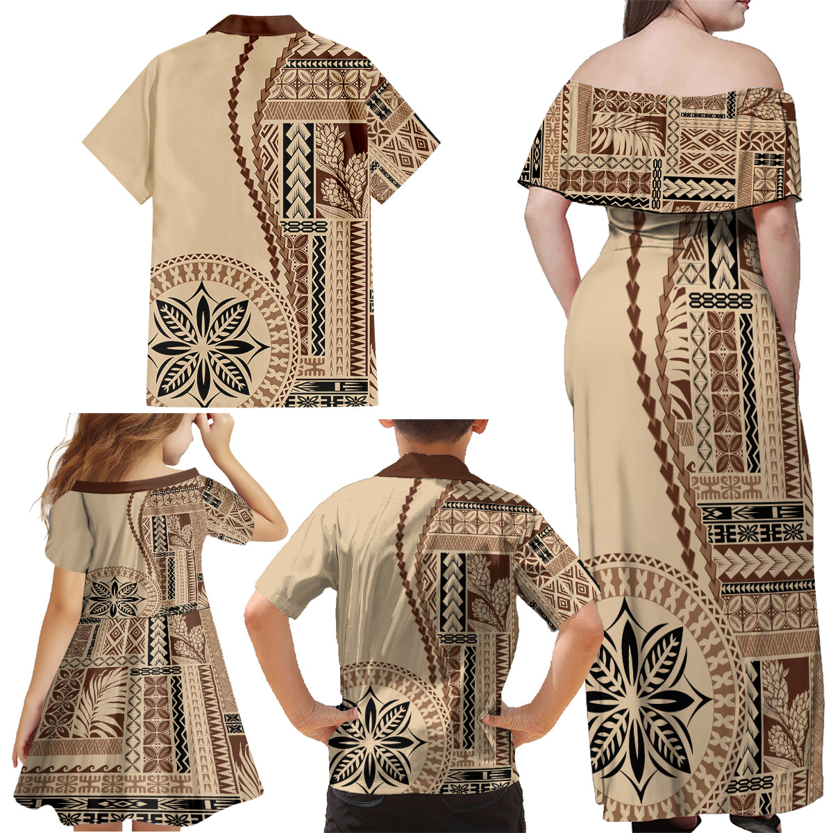 Samoa Siapo Motif Family Matching Off Shoulder Maxi Dress and Hawaiian Shirt Classic Style LT7 - Wonder Print Shop