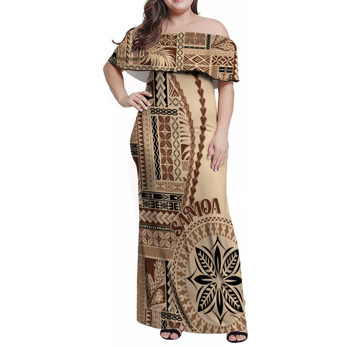 Samoa Siapo Motif Family Matching Off Shoulder Maxi Dress and Hawaiian Shirt Classic Style LT7 - Wonder Print Shop
