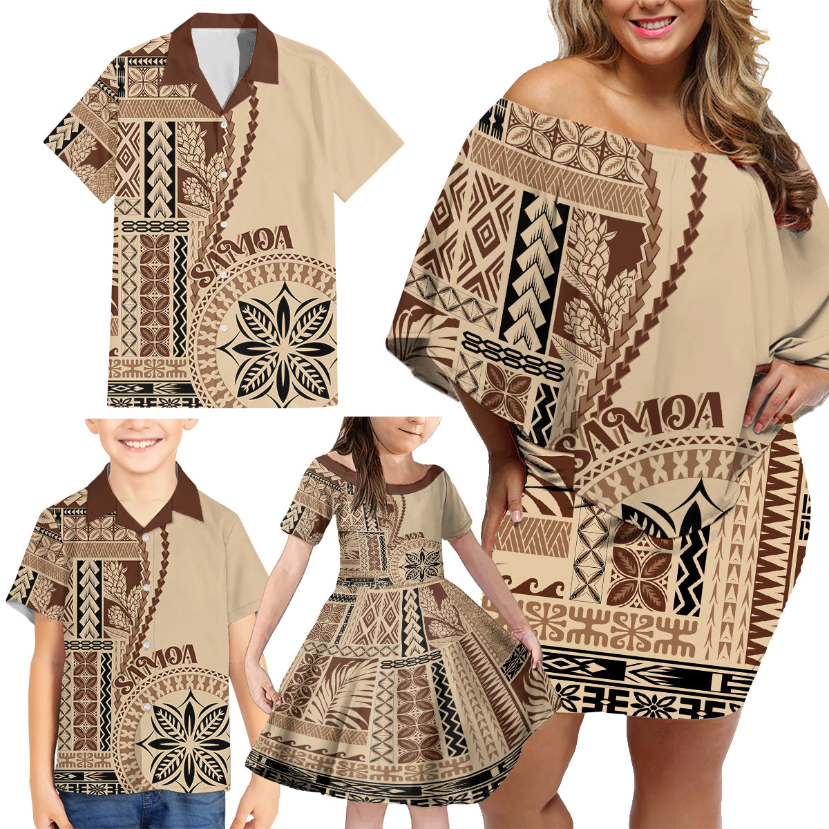 Samoa Siapo Motif Family Matching Off Shoulder Short Dress and Hawaiian Shirt Classic Style LT7 - Wonder Print Shop