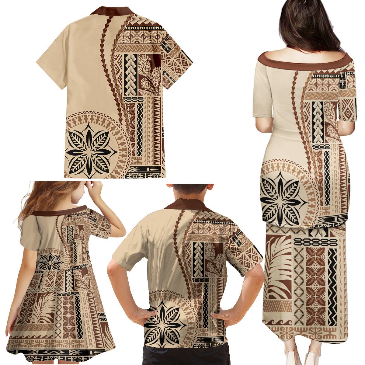 Samoa Siapo Motif Family Matching Puletasi Dress and Hawaiian Shirt Classic Style - Wonder Print Shop