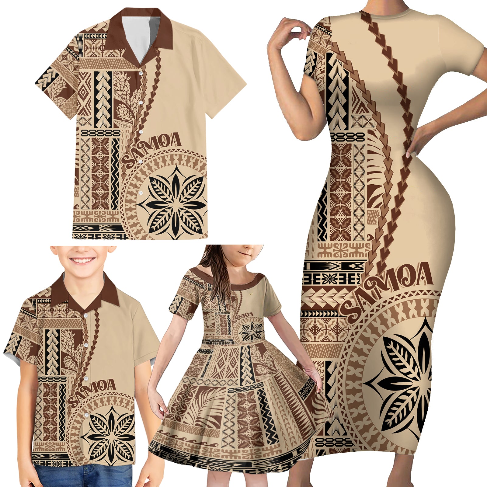 Samoa Siapo Motif Family Matching Short Sleeve Bodycon Dress and Hawaiian Shirt Classic Style - Wonder Print Shop