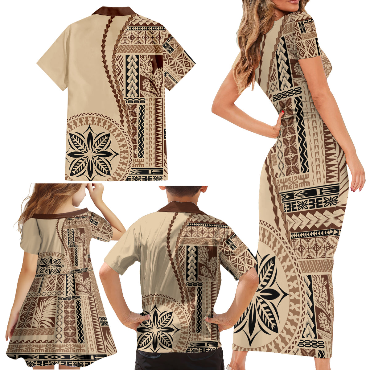 Samoa Siapo Motif Family Matching Short Sleeve Bodycon Dress and Hawaiian Shirt Classic Style - Wonder Print Shop