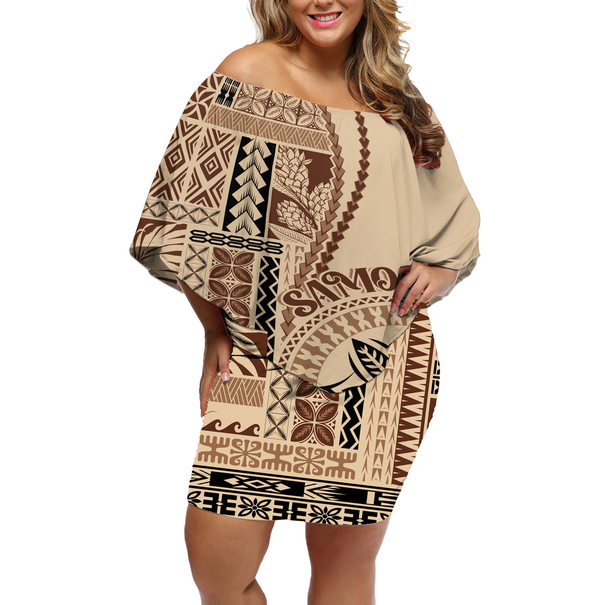 Samoa Siapo Motif Off Shoulder Short Dress Classic Style - Wonder Print Shop