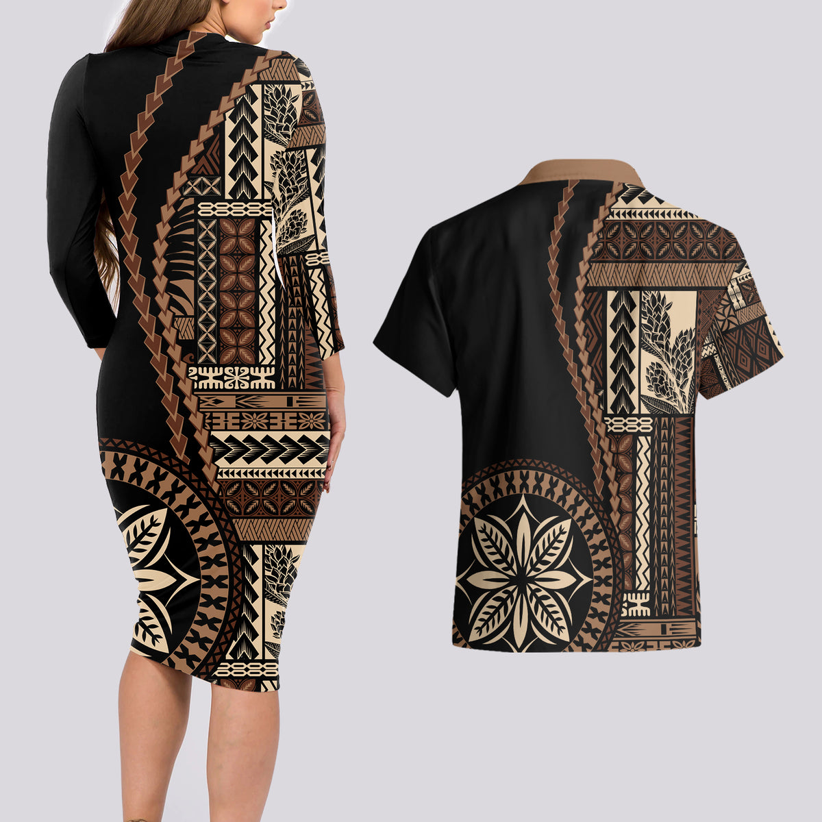 Samoa Siapo Motif Couples Matching Long Sleeve Bodycon Dress and Hawaiian Shirt Classic Style - Black Ver LT7 - Wonder Print Shop