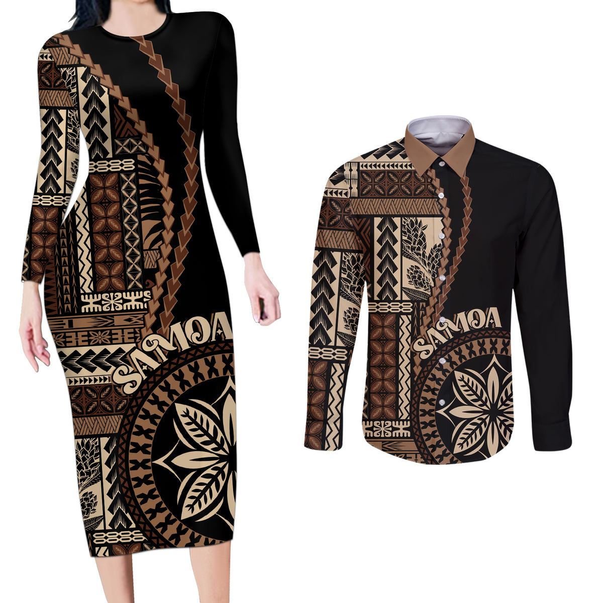 Samoa Siapo Motif Couples Matching Long Sleeve Bodycon Dress and Long Sleeve Button Shirt Classic Style - Black Ver LT7 - Wonder Print Shop