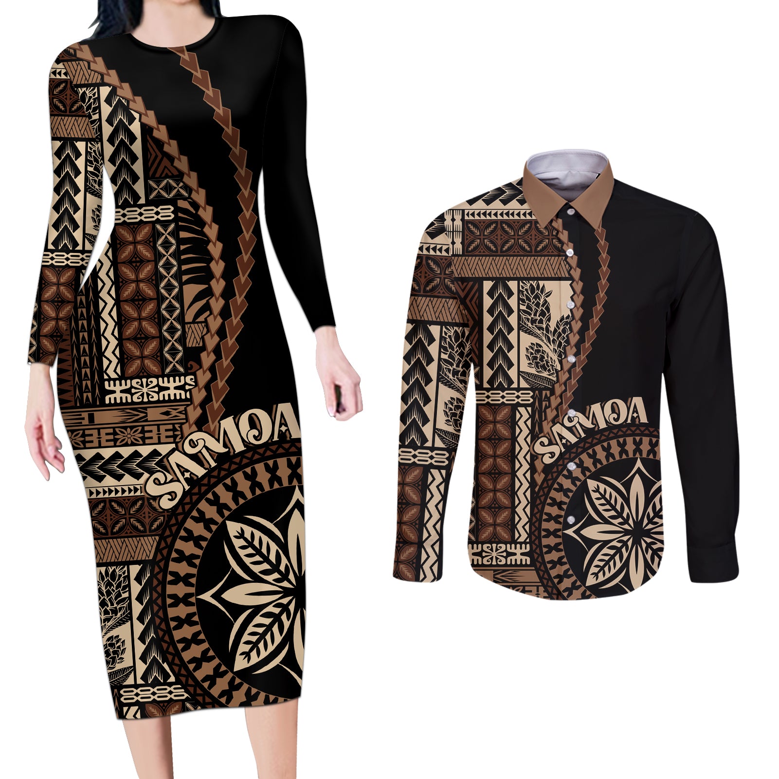 Samoa Siapo Motif Couples Matching Long Sleeve Bodycon Dress and Long Sleeve Button Shirt Classic Style - Black Ver LT7 - Wonder Print Shop