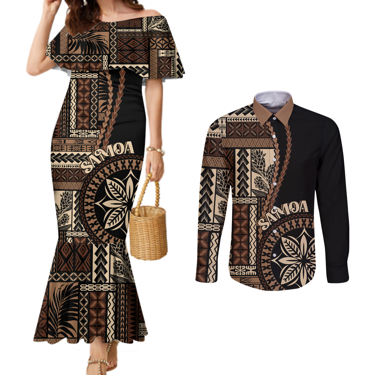 samoa-siapo-motif-couples-matching-mermaid-dress-and-long-sleeve-button-shirt-classic-style-black-ver