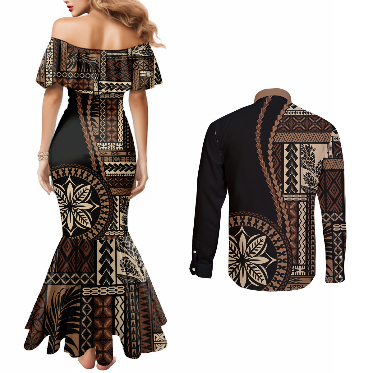 samoa-siapo-motif-couples-matching-mermaid-dress-and-long-sleeve-button-shirt-classic-style-black-ver