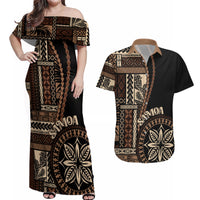 Samoa Siapo Motif Couples Matching Off Shoulder Maxi Dress and Hawaiian Shirt Classic Style - Black Ver LT7 - Wonder Print Shop