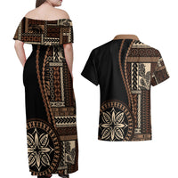 Samoa Siapo Motif Couples Matching Off Shoulder Maxi Dress and Hawaiian Shirt Classic Style - Black Ver LT7 - Wonder Print Shop