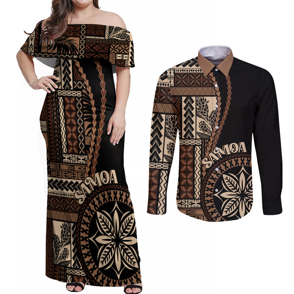 Samoa Siapo Motif Couples Matching Off Shoulder Maxi Dress and Long Sleeve Button Shirt Classic Style - Black Ver LT7 - Wonder Print Shop