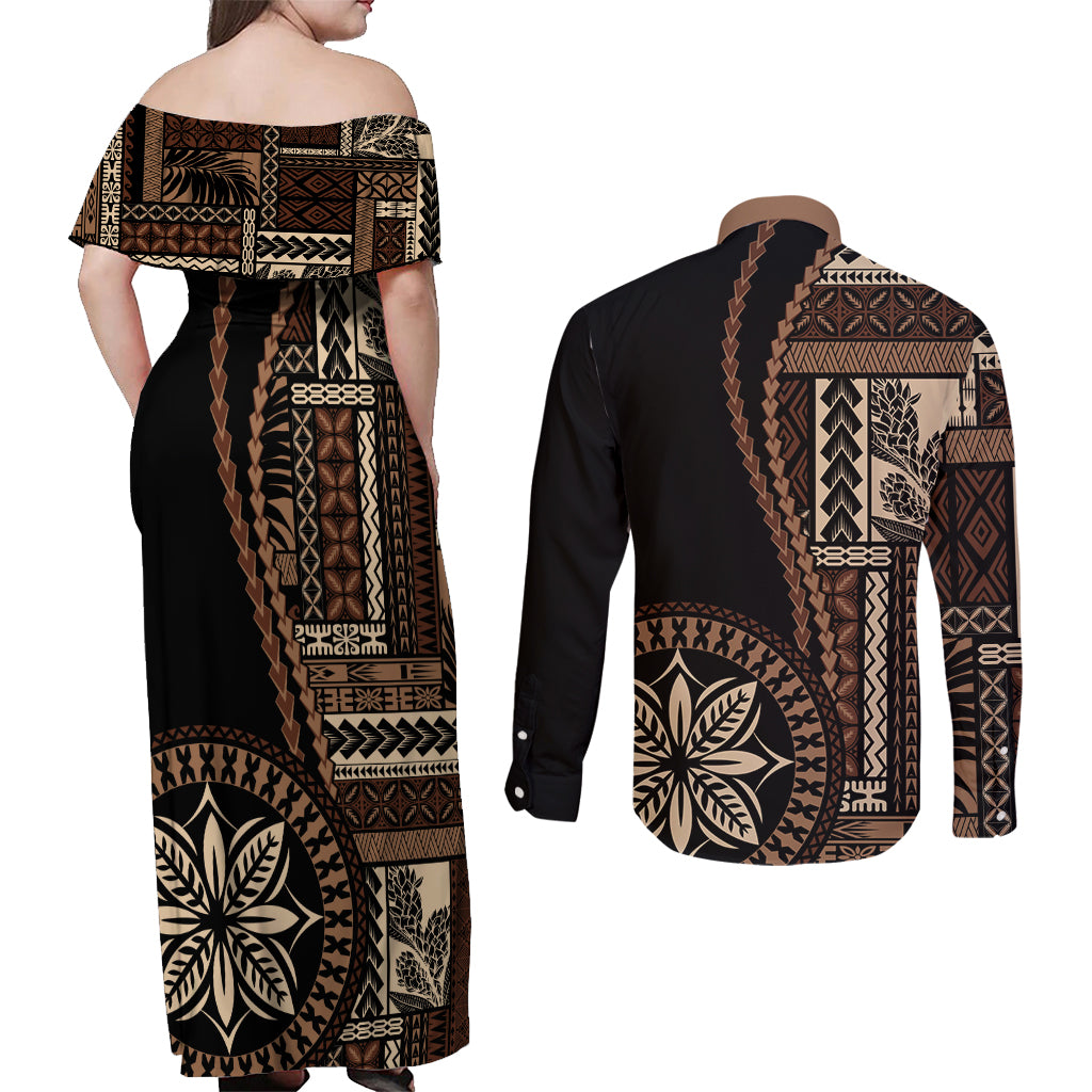 Samoa Siapo Motif Couples Matching Off Shoulder Maxi Dress and Long Sleeve Button Shirt Classic Style - Black Ver LT7 - Wonder Print Shop