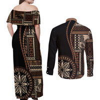 Samoa Siapo Motif Couples Matching Off Shoulder Maxi Dress and Long Sleeve Button Shirt Classic Style - Black Ver LT7 - Wonder Print Shop
