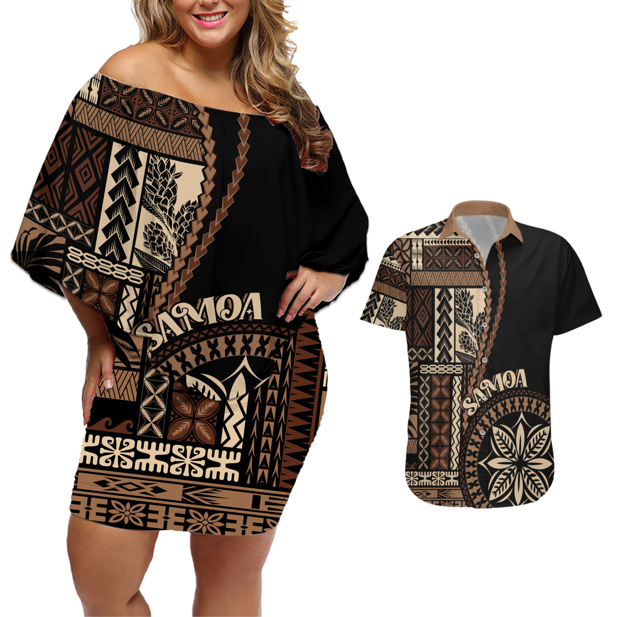 Samoa Siapo Motif Couples Matching Off Shoulder Short Dress and Hawaiian Shirt Classic Style - Black Ver LT7 - Wonder Print Shop