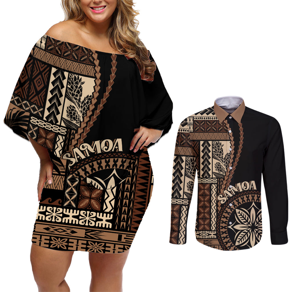 Samoa Siapo Motif Couples Matching Off Shoulder Short Dress and Long Sleeve Button Shirt Classic Style - Black Ver LT7 - Wonder Print Shop
