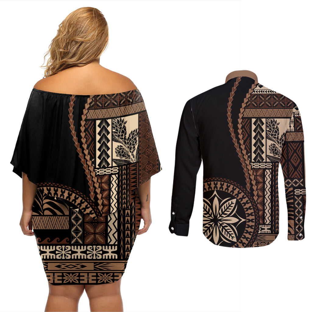 Samoa Siapo Motif Couples Matching Off Shoulder Short Dress and Long Sleeve Button Shirt Classic Style - Black Ver LT7 - Wonder Print Shop