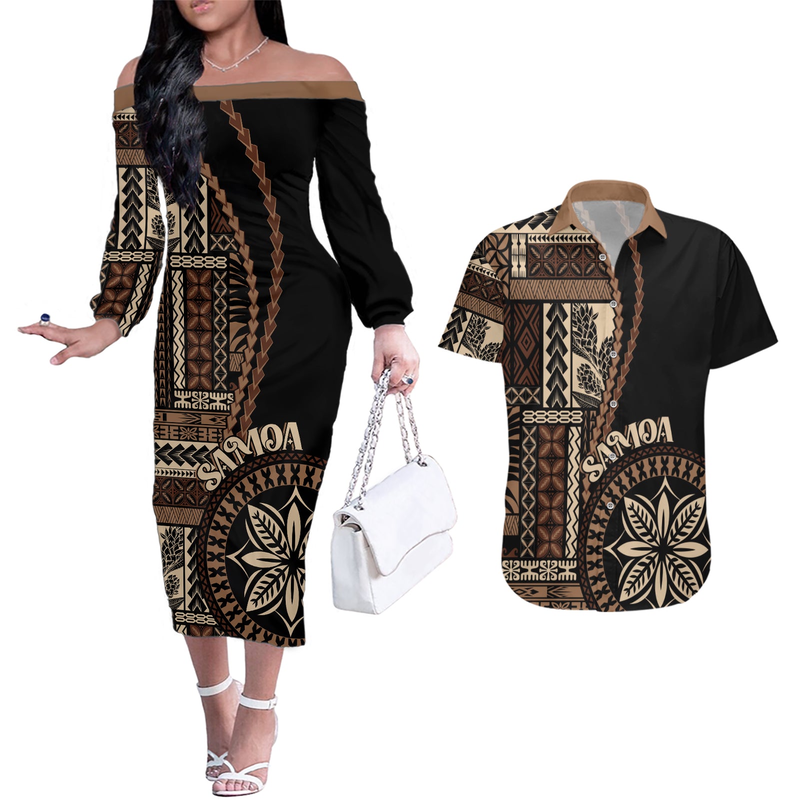 Samoa Siapo Motif Couples Matching Off The Shoulder Long Sleeve Dress and Hawaiian Shirt Classic Style - Black Ver LT7 - Wonder Print Shop