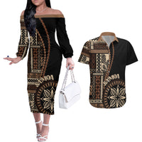 Samoa Siapo Motif Couples Matching Off The Shoulder Long Sleeve Dress and Hawaiian Shirt Classic Style - Black Ver LT7 - Wonder Print Shop