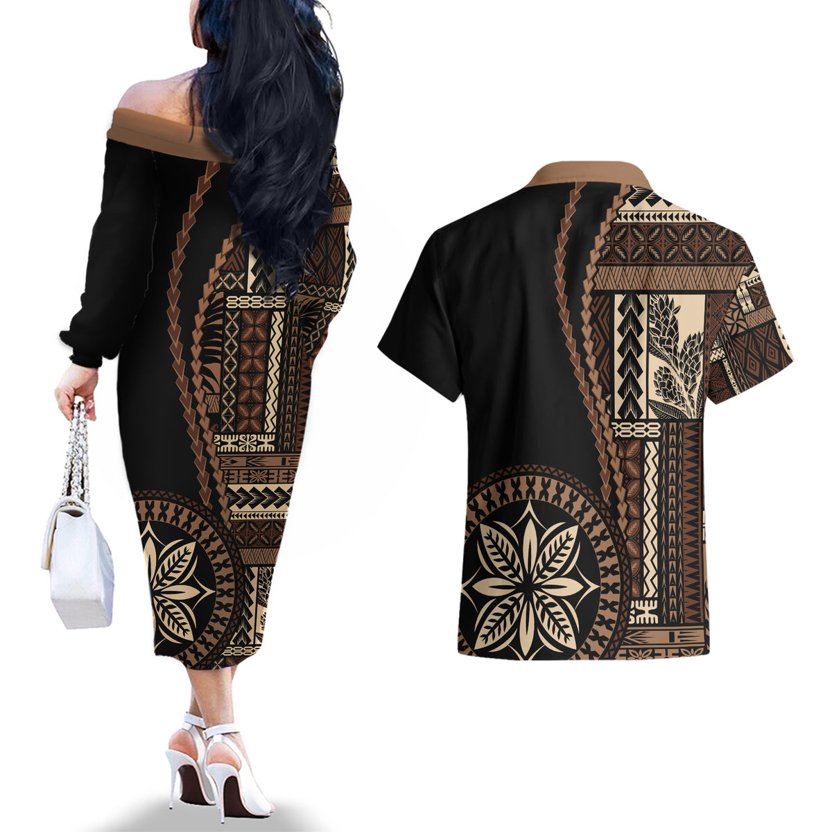 Samoa Siapo Motif Couples Matching Off The Shoulder Long Sleeve Dress and Hawaiian Shirt Classic Style - Black Ver LT7 - Wonder Print Shop
