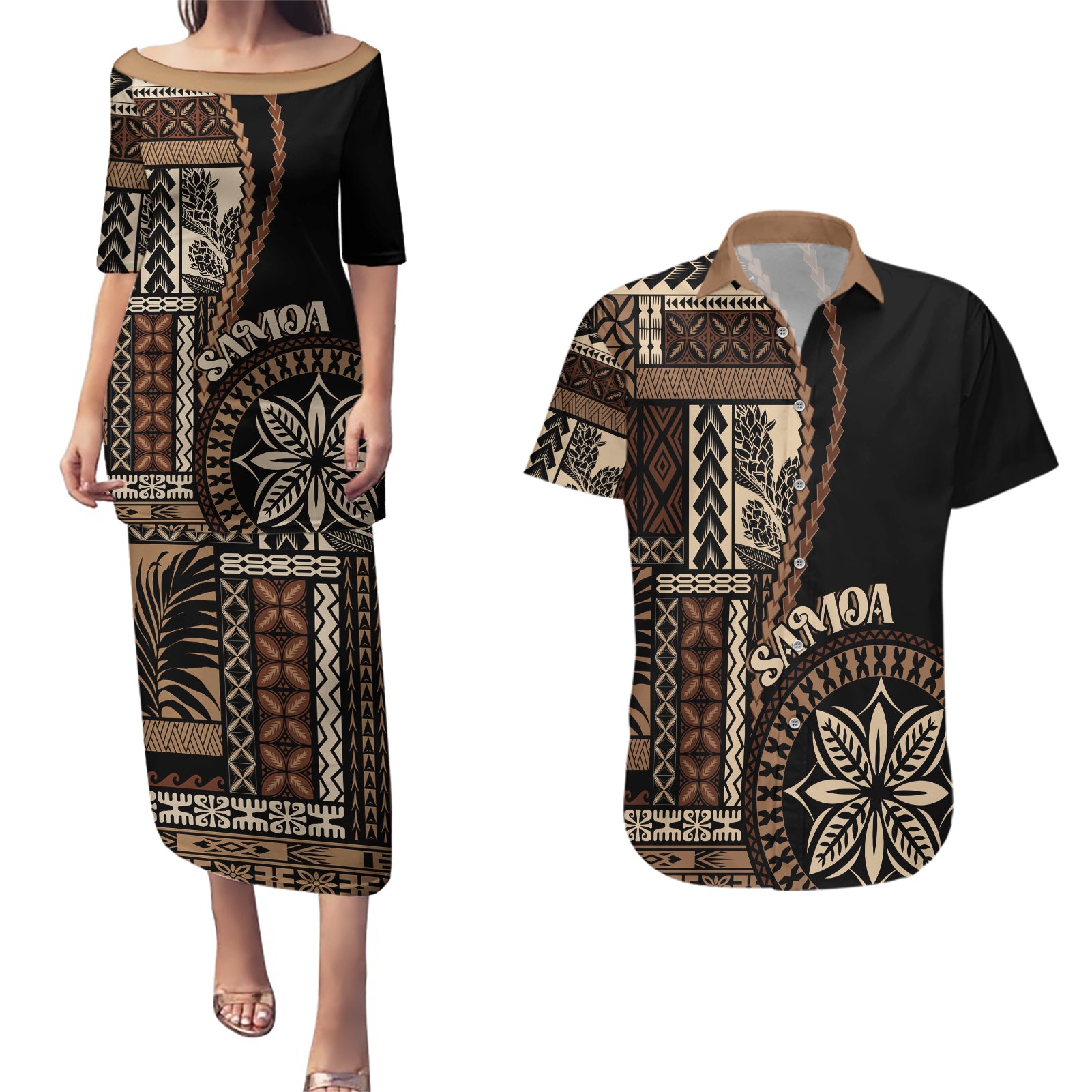 Samoa Siapo Motif Couples Matching Puletasi Dress and Hawaiian Shirt Classic Style - Black Ver LT7 - Wonder Print Shop