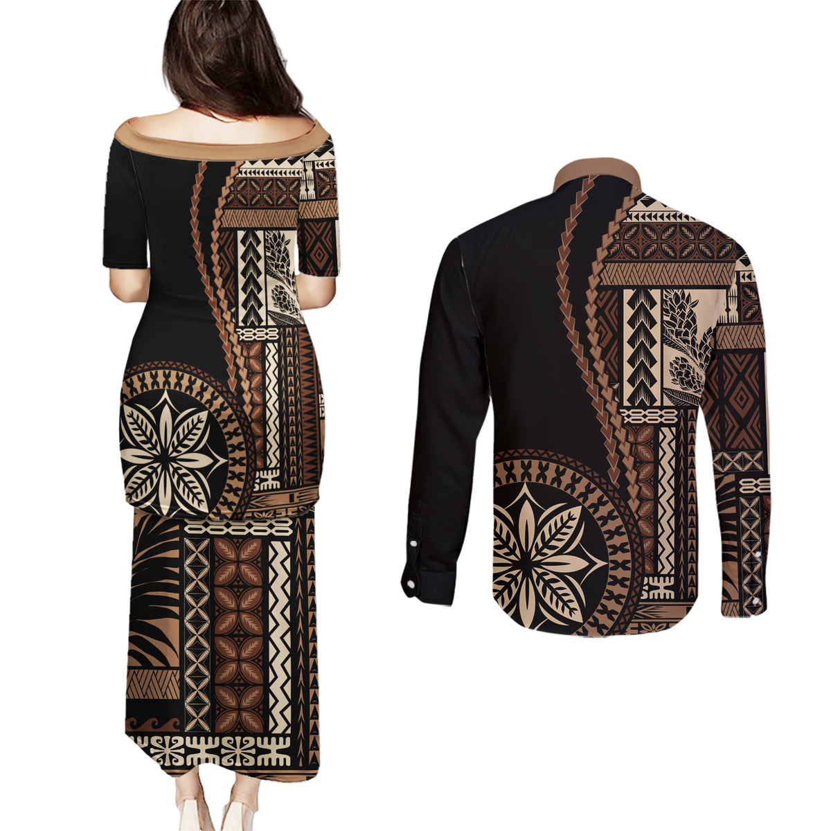 Samoa Siapo Motif Couples Matching Puletasi Dress and Long Sleeve Button Shirt Classic Style - Black Ver LT7 - Wonder Print Shop
