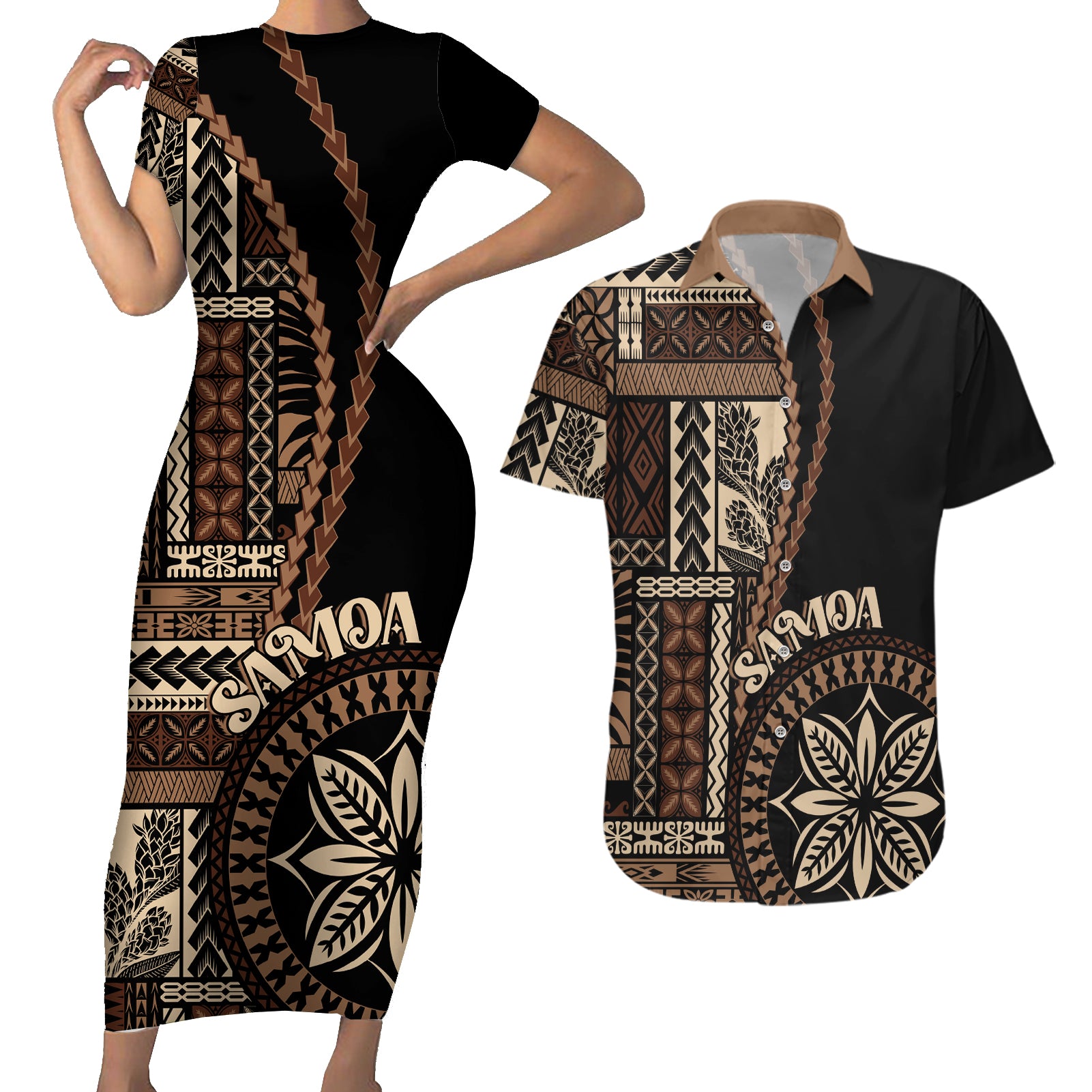 Samoa Siapo Motif Couples Matching Short Sleeve Bodycon Dress and Hawaiian Shirt Classic Style - Black Ver LT7 - Wonder Print Shop