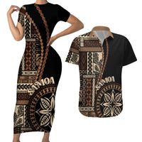Samoa Siapo Motif Couples Matching Short Sleeve Bodycon Dress and Hawaiian Shirt Classic Style - Black Ver LT7 - Wonder Print Shop
