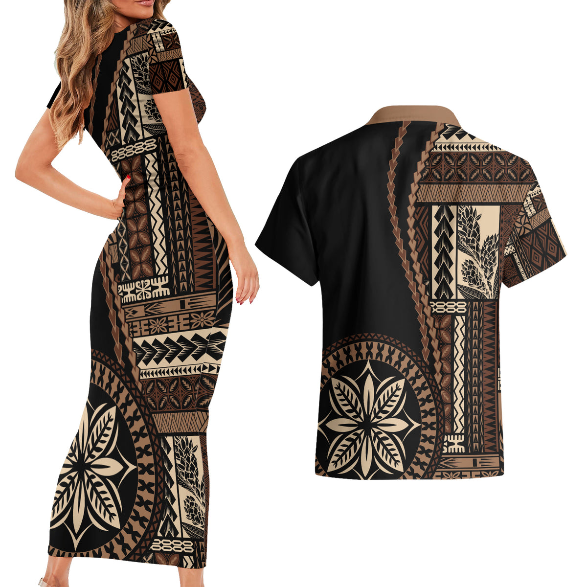 Samoa Siapo Motif Couples Matching Short Sleeve Bodycon Dress and Hawaiian Shirt Classic Style - Black Ver LT7 - Wonder Print Shop