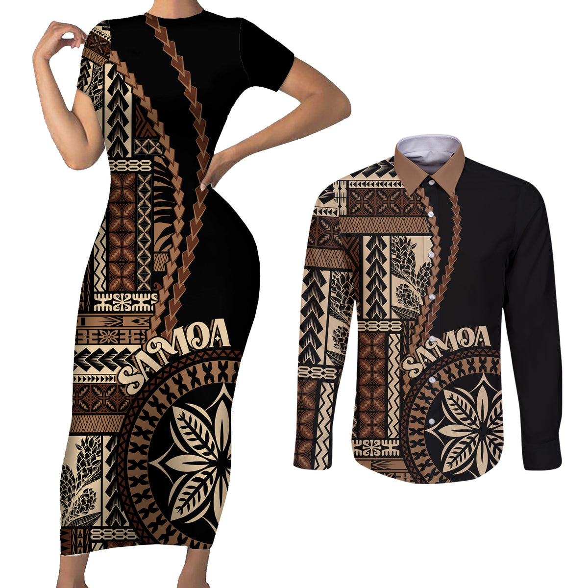 Samoa Siapo Motif Couples Matching Short Sleeve Bodycon Dress and Long Sleeve Button Shirt Classic Style - Black Ver LT7 - Wonder Print Shop