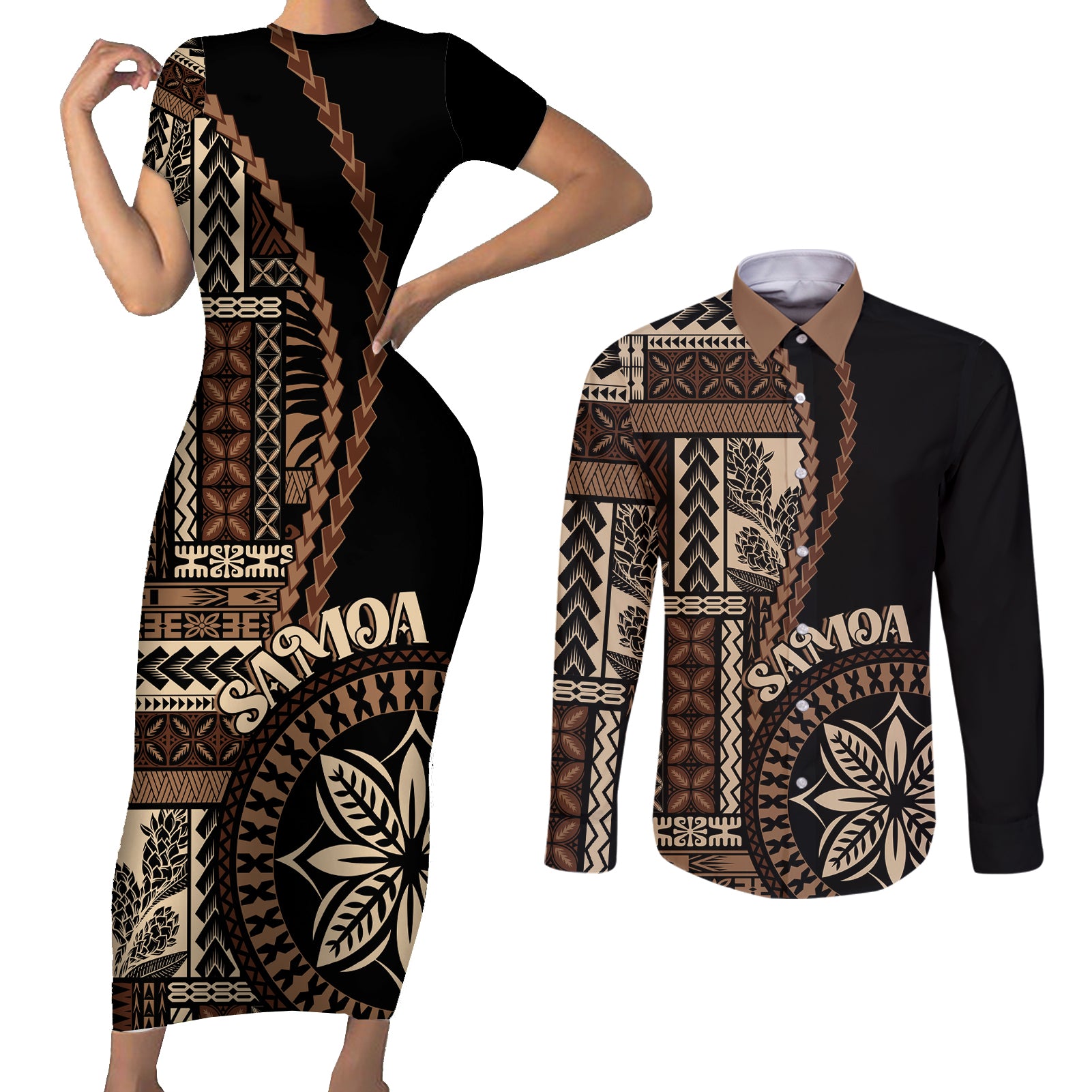 Samoa Siapo Motif Couples Matching Short Sleeve Bodycon Dress and Long Sleeve Button Shirt Classic Style - Black Ver LT7 - Wonder Print Shop